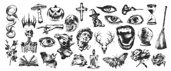 Naklejka premium Gothic Halloween design elements for collage with photocopy halftone texture. Stippled grunge vintage effect on crown, statue, skeleton, eyes, cat, flower. Mystical surreal dotted vector illustration