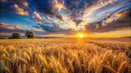 Obraz premium sunset landscape with wheat field reflected in water