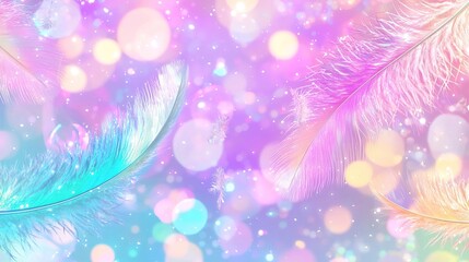   A close-up of a blue, pink, and yellow feather on a pink and blue bouquet background