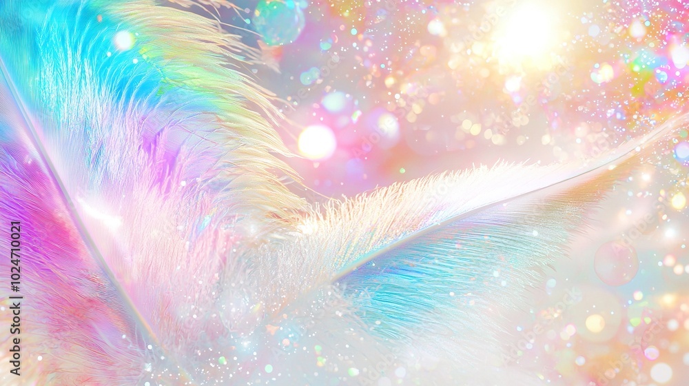 Poster a sharp image of a colorful feather against a soft focus backdrop, with a radiant burst of stars in 