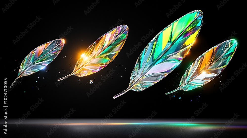 Poster three colorful feathers float on a black surface with a bright light emanating from one of them