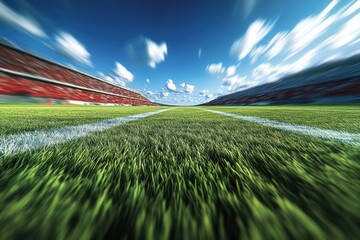 Fototapeta premium A low angle view of a green grass football field with white lines, surrounded by red bleachers and a blue sky with white clouds.
