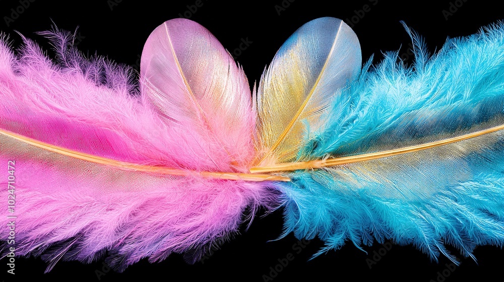 Poster close-up of colorful feather on black backdrop with reflective feather image on left