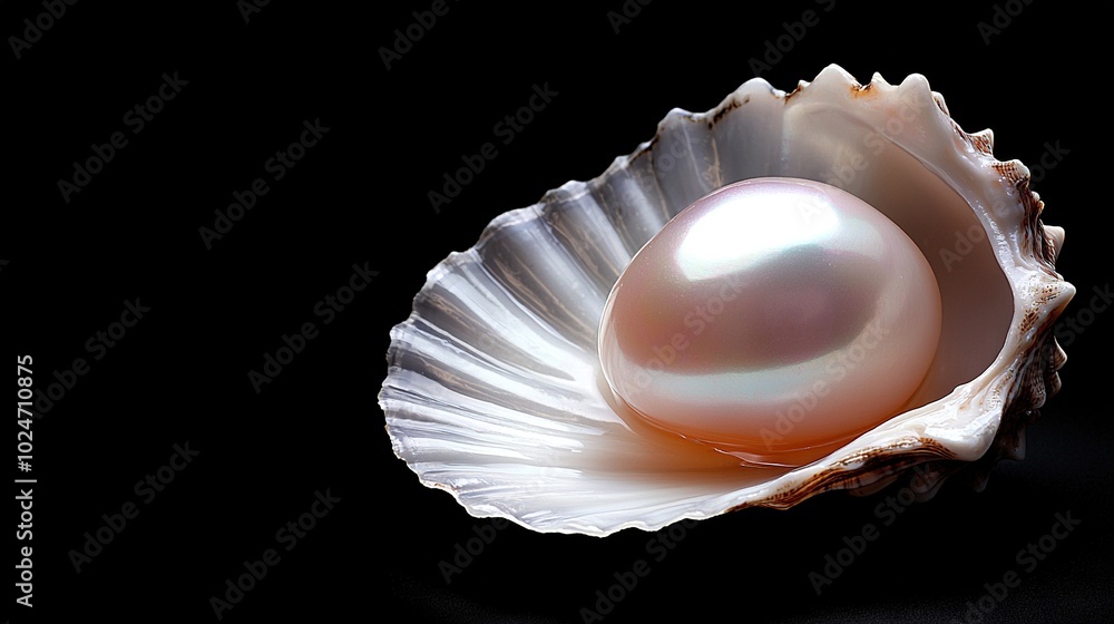 Aufkleber close-up of a pearl inside a shell on a dark backdrop, with a reflection of the pearl in the shell