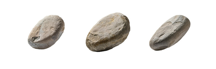 Fototapeta premium Three isolated gray stones with a smooth, oval shape.
