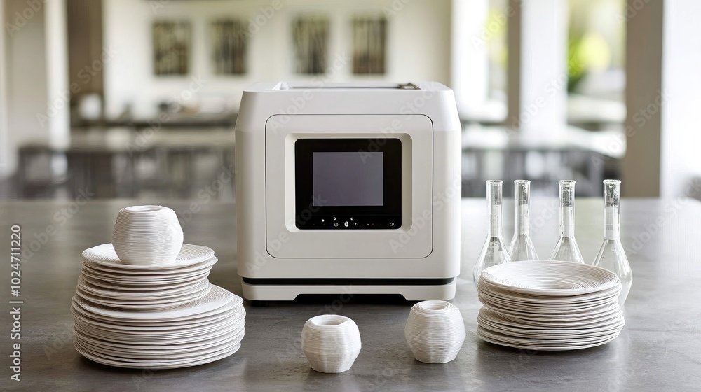Poster a high-tech laboratory setup featuring a 3d printer in focus, with advanced beakers and digital disp