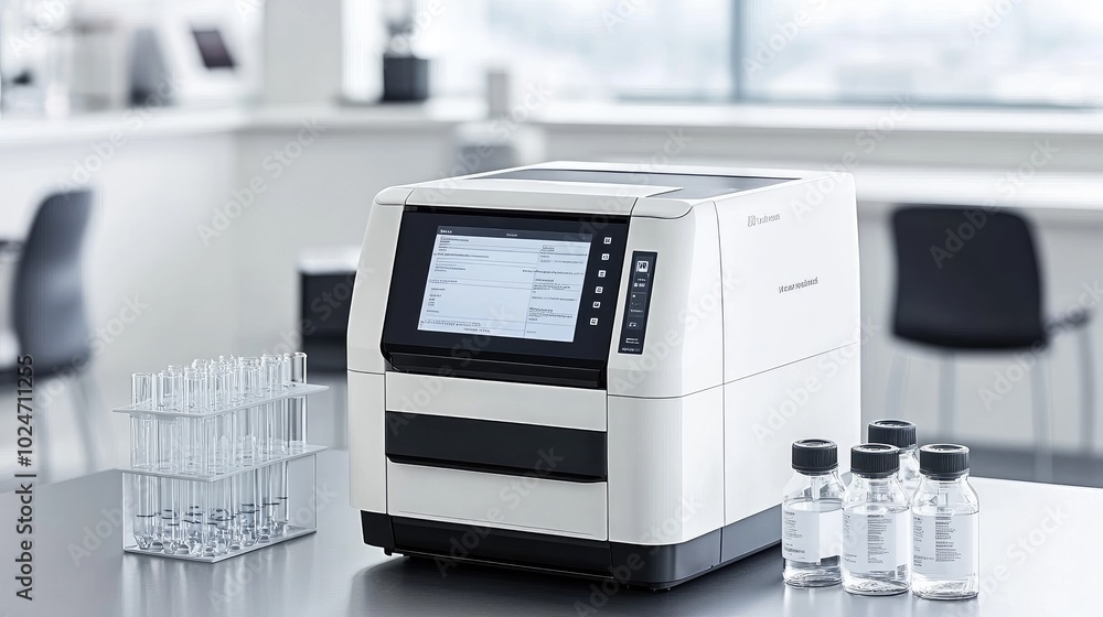 Poster a high-tech laboratory setup featuring a 3d printer in focus, with advanced beakers and digital disp