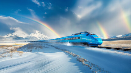 High-speed train traveling on snowy mountains