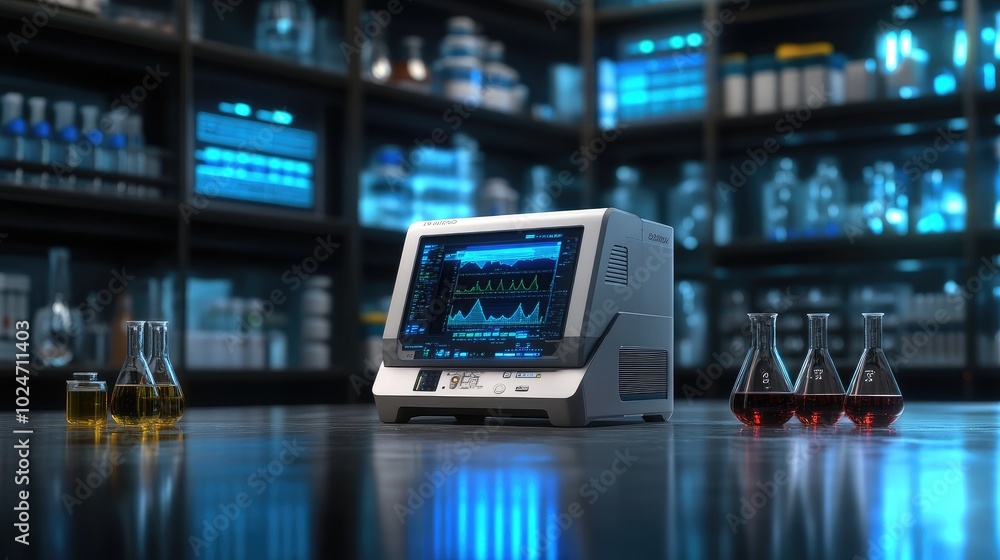 Aufkleber a modern lab featuring a 3d printer at work, surrounded by colorful beakers and a digital display pa