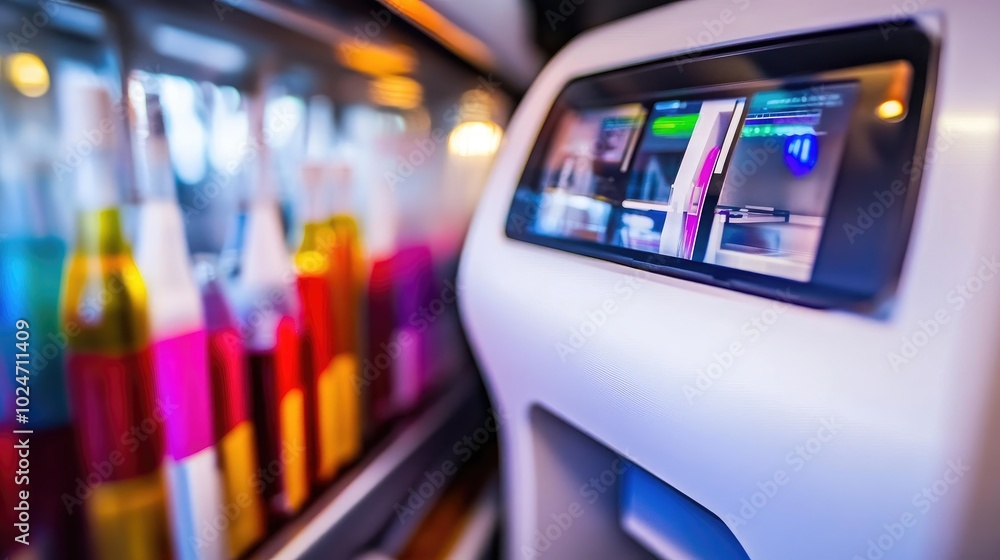 Aufkleber a modern lab featuring a 3d printer at work, surrounded by colorful beakers and a digital display pa
