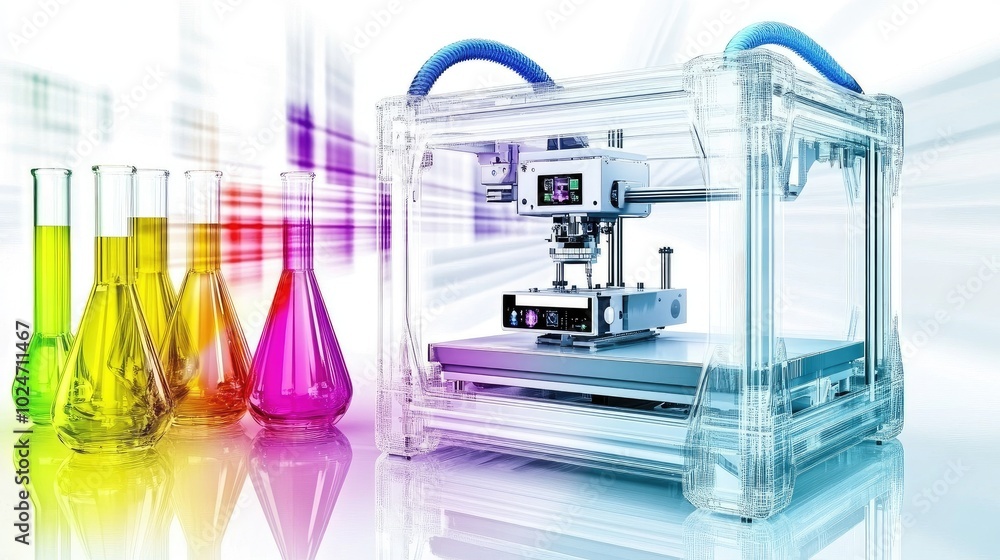 Poster a modern lab featuring a 3d printer at work, surrounded by colorful beakers and a digital display pa