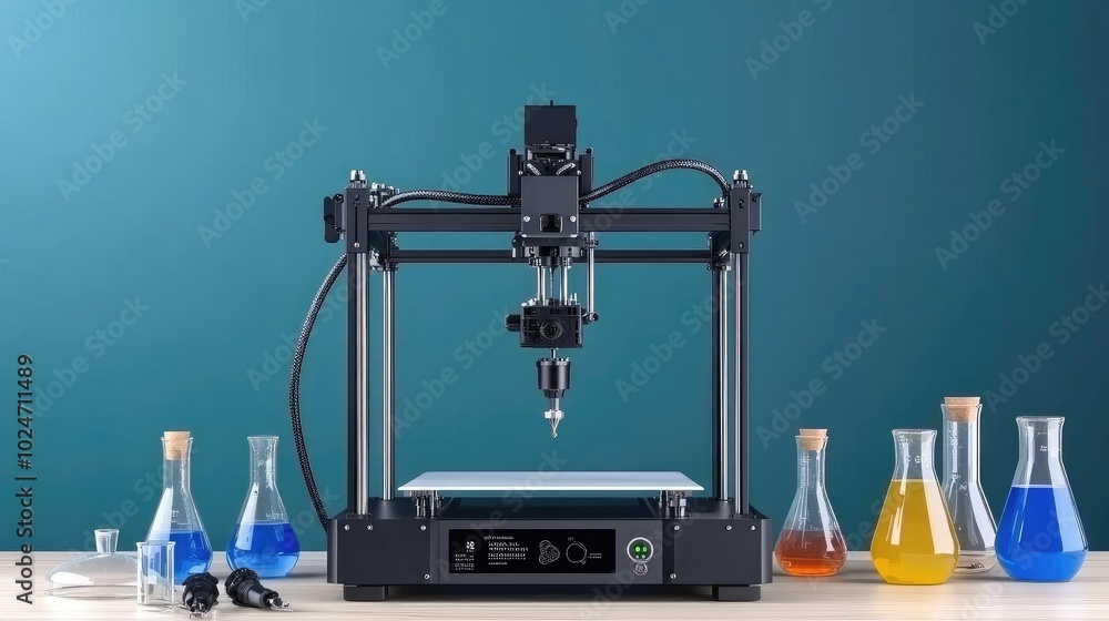 Aufkleber a modern lab showcasing a 3d printer, with a digital display and advanced beakers on the workbench. 