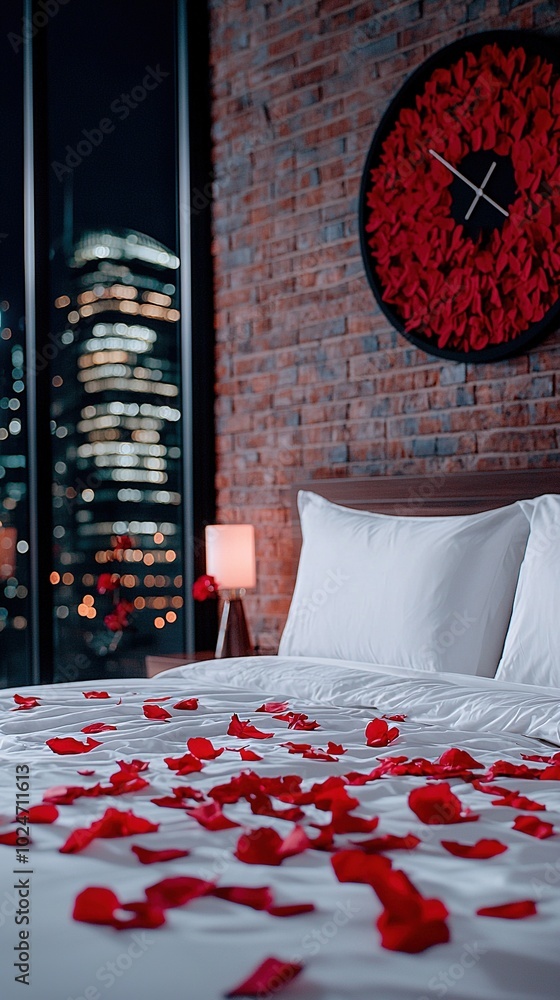 Poster a room with a large clock on the wall and a cityscape in the background features a bed adorned with 