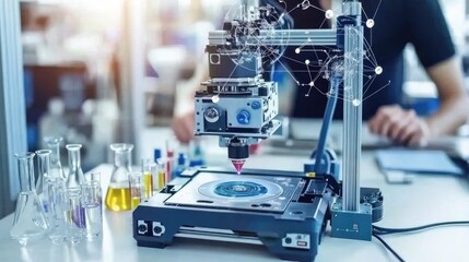 Cutting-edge lab featuring a 3D printer in action, test tubes and beakers nearby, and a digital control panel.