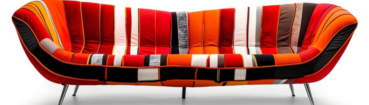 A colorful retro sofa, 1970s style, bold patterns, orange and red, isolated on white background