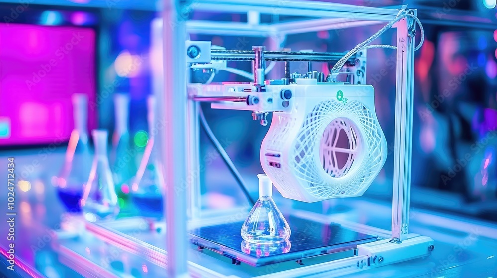 Poster high-tech lab featuring a 3d printer, beakers with colorful liquids, and a digital display in the ba