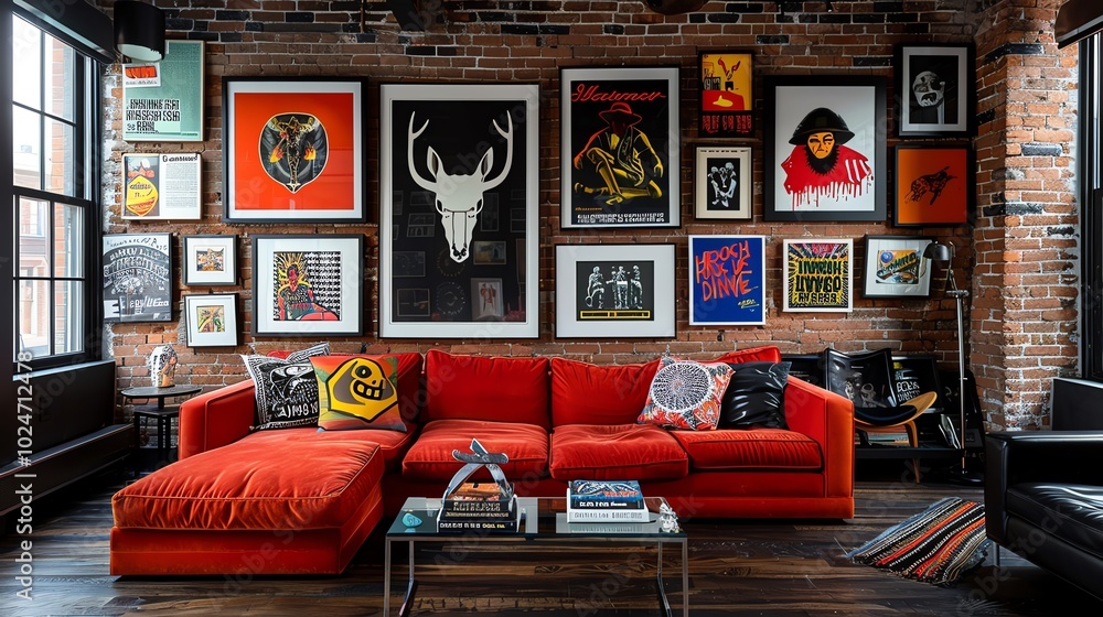 Wall mural a retro loft with a striking red sofa, exposed brick walls, vintage posters, and rustic wooden floor