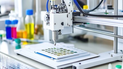 High-tech lab showcasing a 3D printer in action, surrounded by beakers, test tubes, and digital controls. No logos.