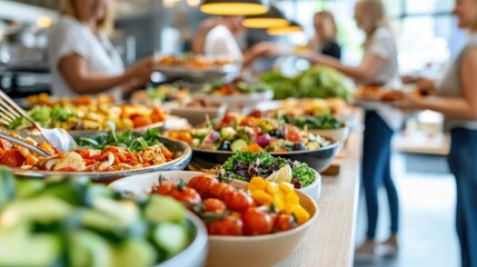 Fototapeta premium A vibrant buffet with diverse salads and dishes in a lively, modern dining setting, AI