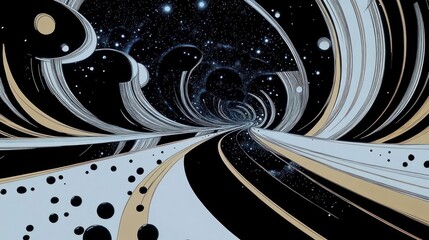 A stylized cosmic tunnel with swirling lines and stars, evoking a sense of movement through space.
