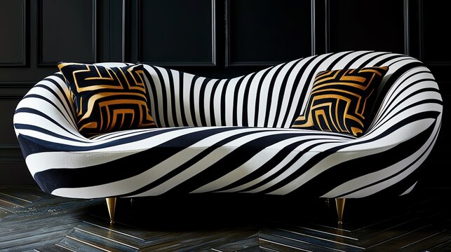 Art deco-inspired sofa with rich textures and geometric shapes, in a glamorous setting,
