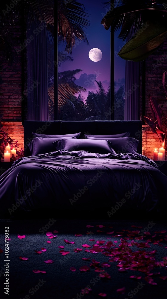 Poster a bed adorned with a vibrant purple comforter is positioned in front of a window offering a captivat