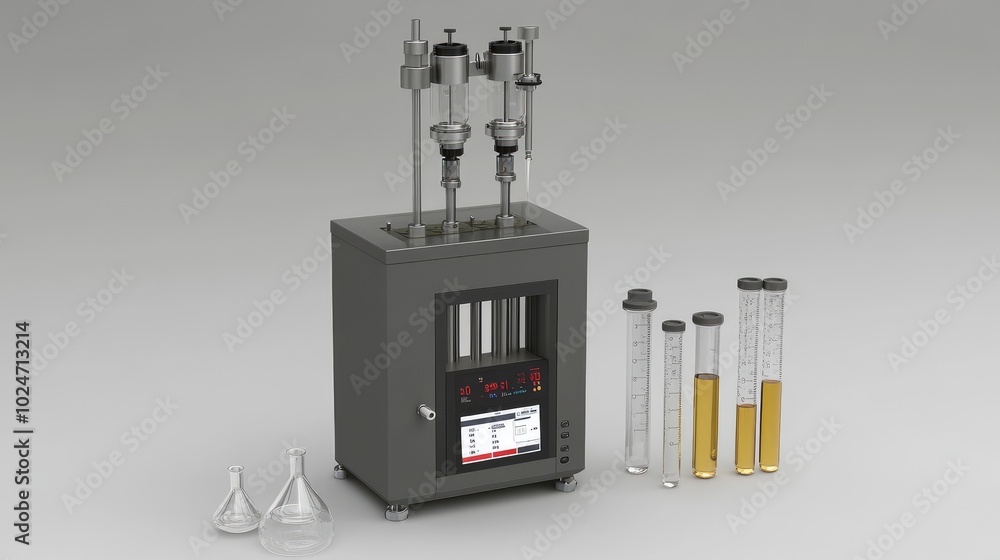 Poster high-tech laboratory setup featuring a 3d printer and digital display, surrounded by scientific beak