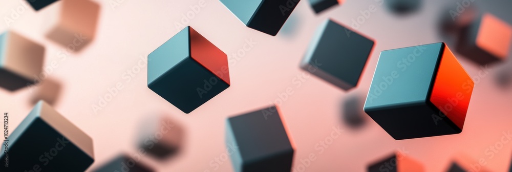 Poster floating abstract cubes in a cosmic void, casting dynamic shadows, vibrant colors, three-dimensional