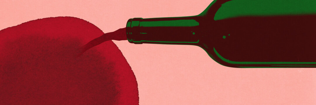 Wine is poured from green bottle into large red pool, richness of flavor. Contemporary art collage. Concept of drink, winery, taste, party, wine culture, wine and dine. Banner