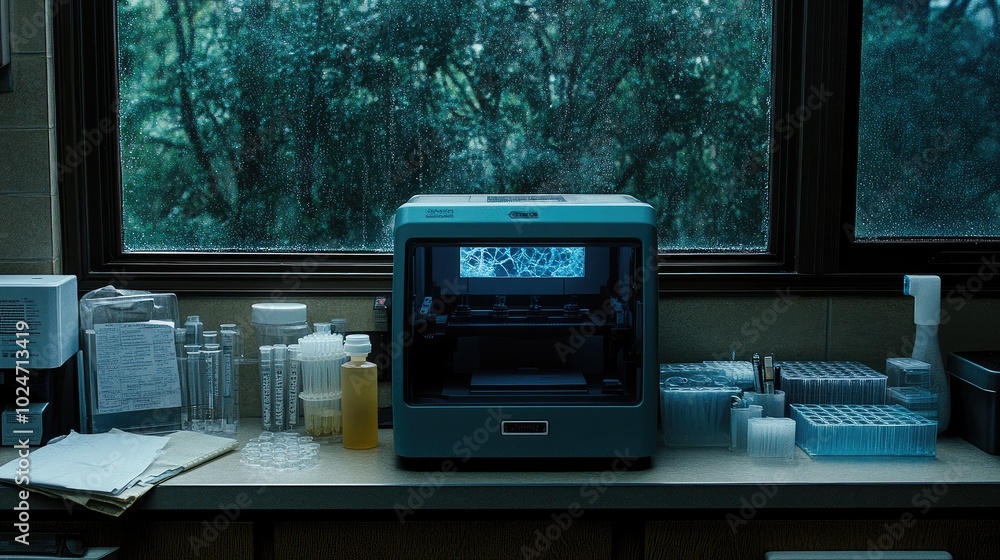 Poster innovative lab setup with a 3d printer creating prototypes, digital display glowing, and test tubes 