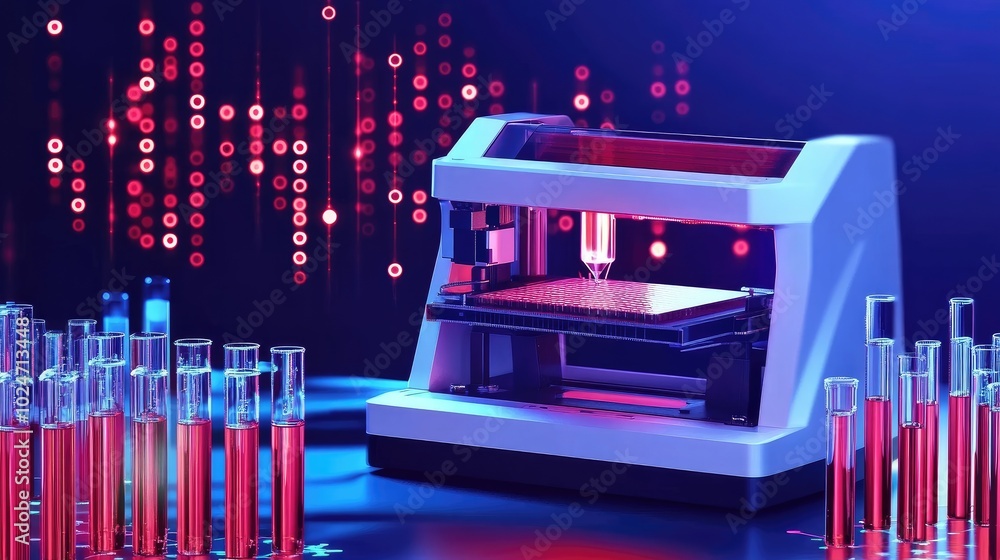 Poster innovative lab setup with a 3d printer, surrounded by colorful beakers and test tubes, digital displ