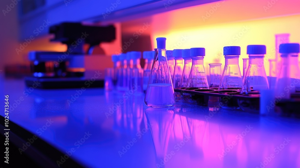 Poster modern lab setup with a 3d printer, beakers filled with chemicals, and a glowing digital display in 