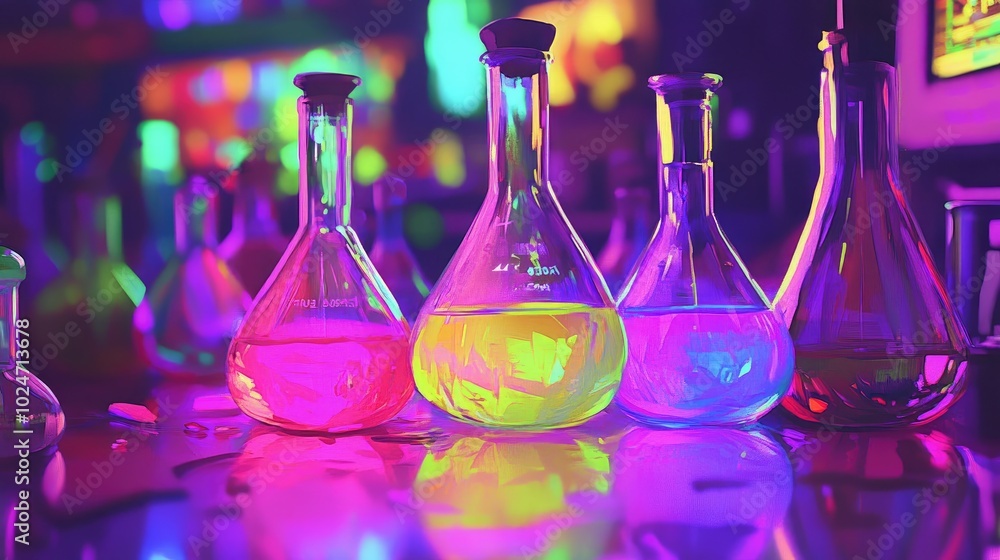 Poster modern lab setup with a 3d printer, beakers filled with chemicals, and a glowing digital display in 
