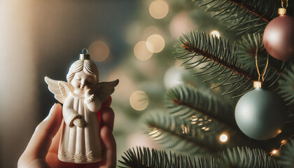 A white angel ornament hanging gracefully on a Christmas tree, surrounded by colorful baubles and twinkling bokeh lights, creating a festive holiday atmosphere.