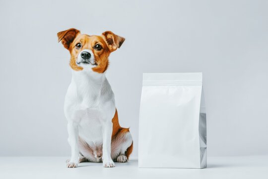 dog sitting beside blank white pet food package for branding or advertisement on light background, pet food marketing, packaging mockup