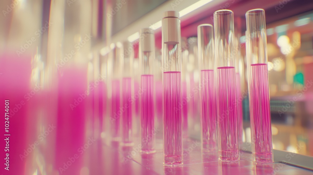 Poster modern lab with a 3d printer, digital interface showing data, and test tubes filled with vibrant liq