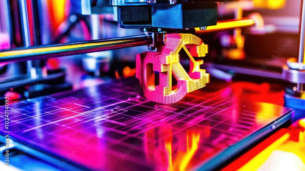 Poster modern laboratory featuring a 3d printer, digital display glowing with data, surrounded by beakers a