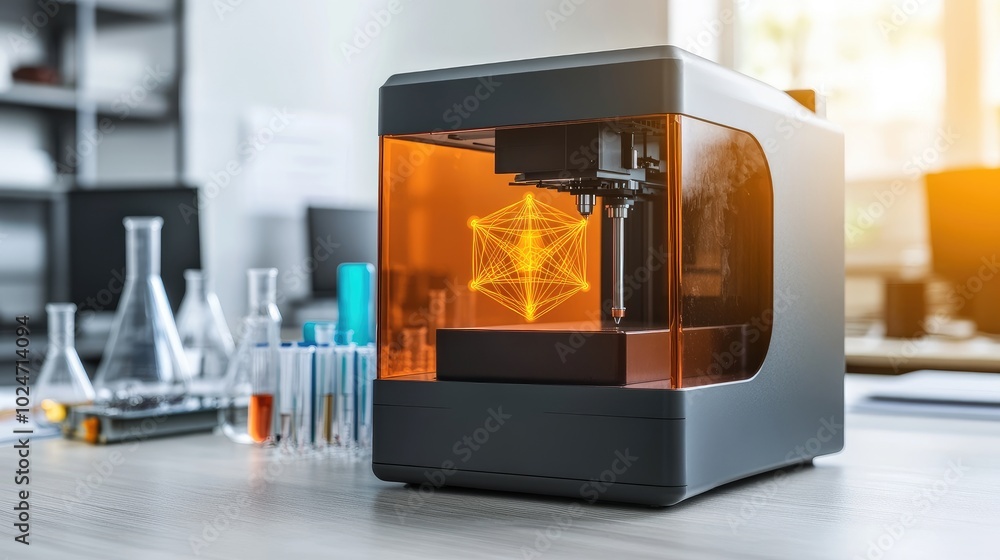 Poster modern laboratory featuring a 3d printer, digital display glowing with data, surrounded by beakers a