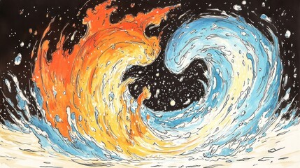 A dynamic illustration of fire and water swirling together in an abstract, cosmic background.