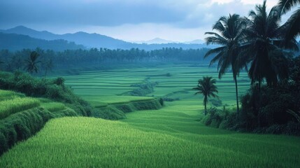 Obraz premium Lush Green Rice Paddies in a Mountainous Landscape with Palm Trees