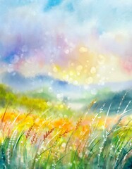 Obraz premium Watercolor illustration of a meadow blowing through the wind.