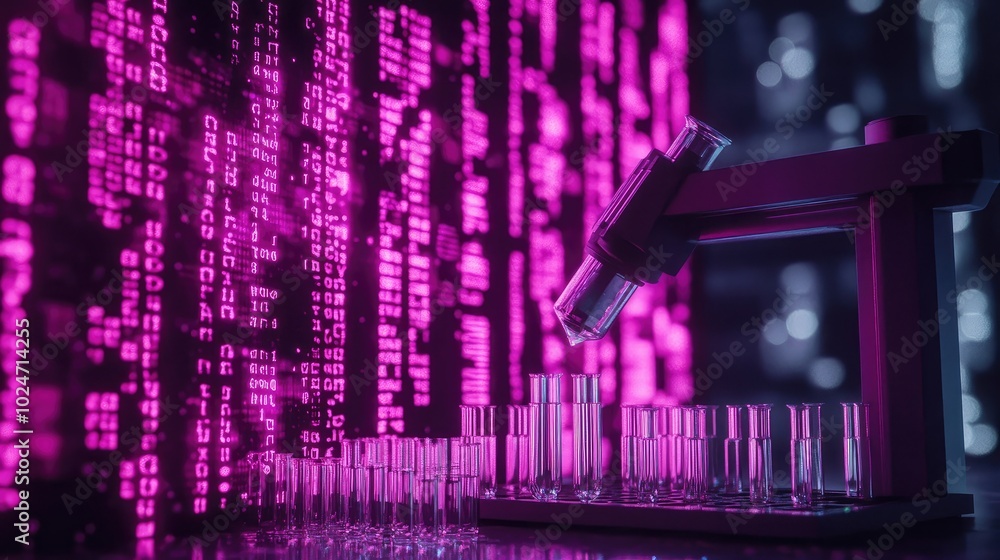 Poster sleek lab environment featuring a 3d printer, test tubes, beakers, and a digital display glowing wit