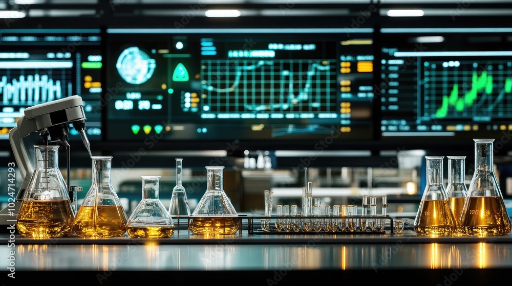 Poster sleek lab environment featuring a 3d printer, test tubes, beakers, and a digital display glowing wit