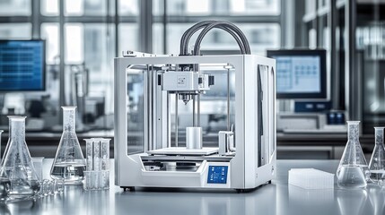Sleek 3D printer at the center of a futuristic lab, digital screens, beakers, and test tubes scattered around.