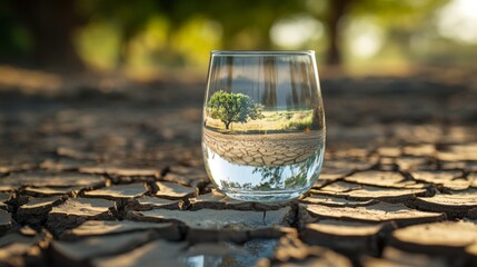 Glass of water placed on dry cracked ground, green tree reflection
Environmental conservation, nature contrast, drought and water resources. defocus