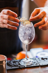 a bartender makes a cocktail. a bartender makes an alcoholic refreshing summer cocktail