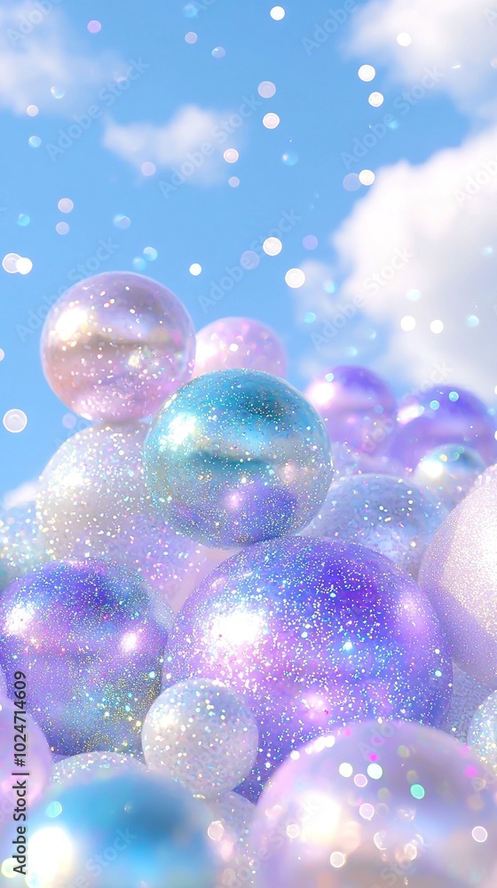 Poster several spherical objects suspended in mid-air against a azure sky and fluffy clouds as the backdrop