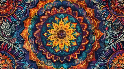 Vibrant mandala artwork with intricate floral patterns and bold colors, showcasing a harmonious blend of teal, orange, and purple.