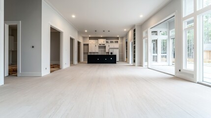 Fototapeta premium Spacious modern open-plan kitchen and living area with large windows, light wood flooring, and a minimalist design emphasizing natural light and clean lines.