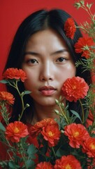 Naklejka premium Asian woman in red backdrop, holding vibrant flowers, calm expression, contemplative look
